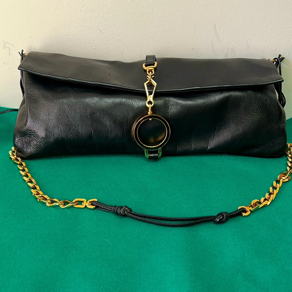 PRADA black leather clutch with gold tone chain
